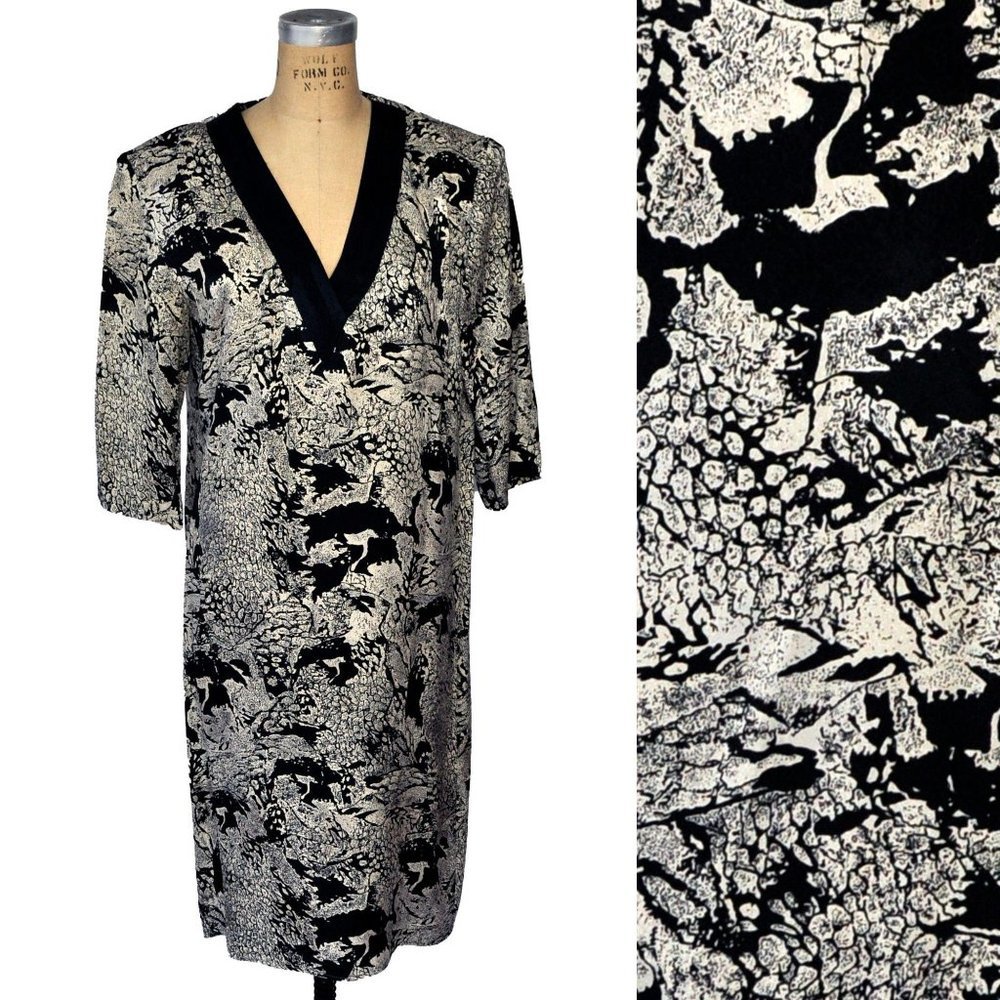Vintage 80s Flora Kung V Neck Floral Silk Dress